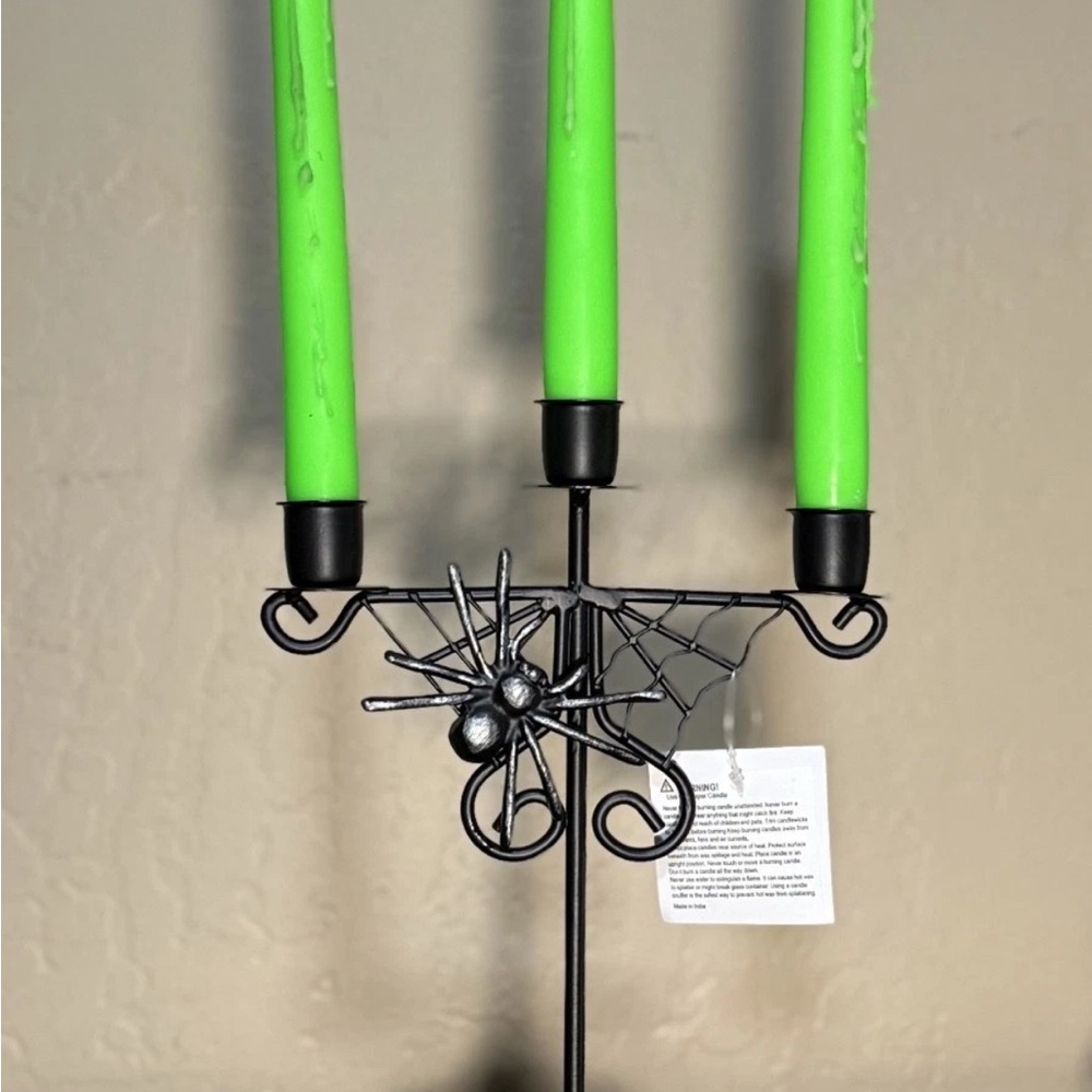 Halloween Spiderweb Candelabra Candle Holder – Black Metal with Spider Accent